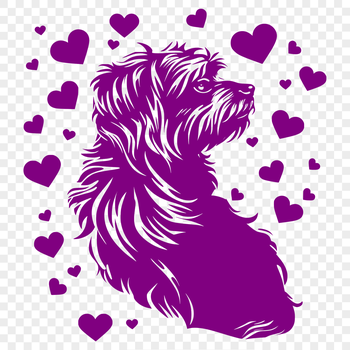 Small white dog with love hearts around its face, a vector illustration.
