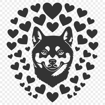 A small breed dog with a fox-like face, featuring hearts around its head.