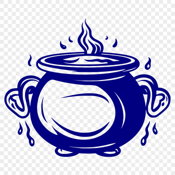 Illustrative SVG design of a Halloween cauldron surrounded by mystical symbols.