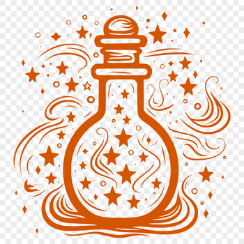An ornate illustration of witchcraft elements, including a potion bottle, surrounded by mystical symbols.