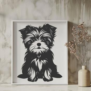A full-body illustration of a sitting Morkie dog in simple vector design.