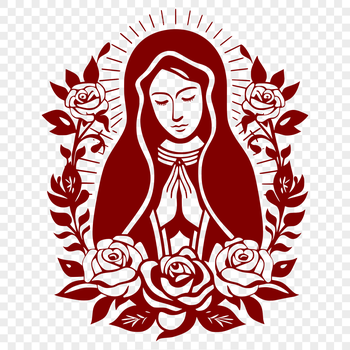 A detailed illustration of the Virgin Mary surrounded by ornate floral patterns and traditional religious imagery.