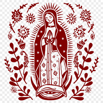 A full-body depiction of the Virgin Mary surrounded by ornate floral patterns in a religious illustration.