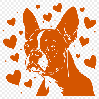 A stylized illustration of a Boston Terrier's head with heart shapes surrounding it.