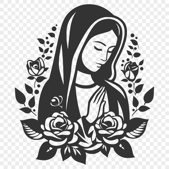 Ornate illustration of the Virgin Mary surrounded by floral patterns.