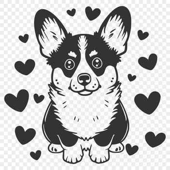A full-body illustration of a Welsh Corgi sitting with heart symbols surrounding it.