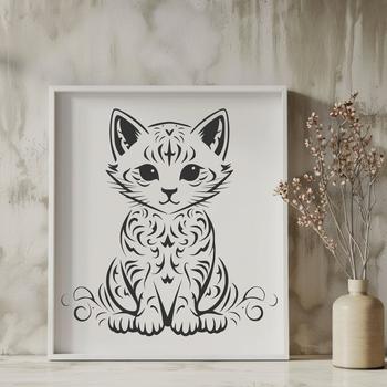 A detailed vector illustration of a cute kitten sitting in a full-body pose.