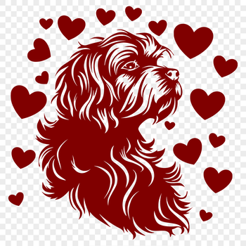 A small, fluffy white dog with two heart symbols on its head.
