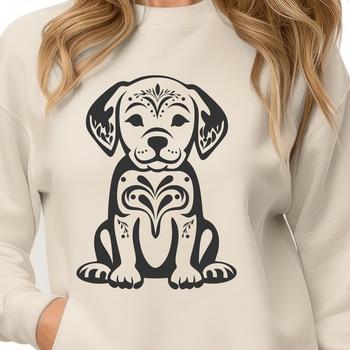 A full-body illustration of a sitting Labrador Retriever with an ornate design style.