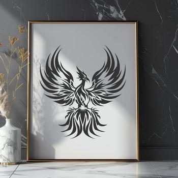 A full-body illustration of the mythical phoenix, suitable for vector graphics and cutting machine stencils.