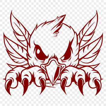 A mythical creature with outstretched wings, its head peeking from behind flames.