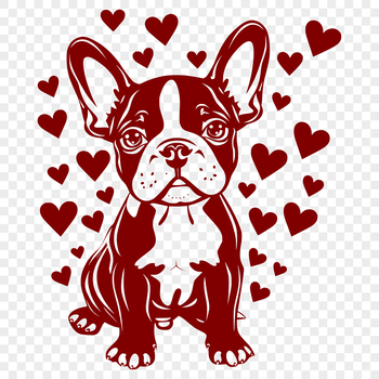 A full-body illustration of a Boston Terrier sitting in a calm posture, surrounded by love hearts.