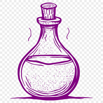 A witch holds a potion bottle in front of a spooky background.
