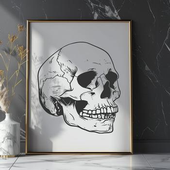 A detailed illustration of a witch's head with a skull on her forehead, surrounded by eerie details.