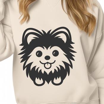 Simple line drawing of a full-body Pomeranian dog sitting.