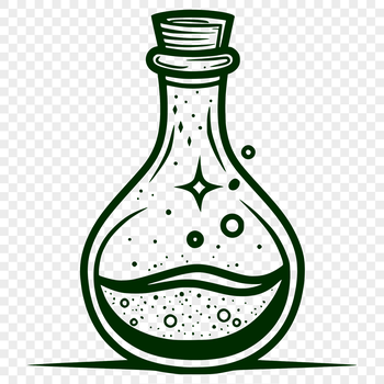 A stylized illustration of a witch's potion bottle on a dark background, surrounded by mystical symbols and elements.
