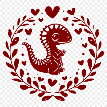 A prehistoric dinosaur illustration with love hearts scattered throughout its body.