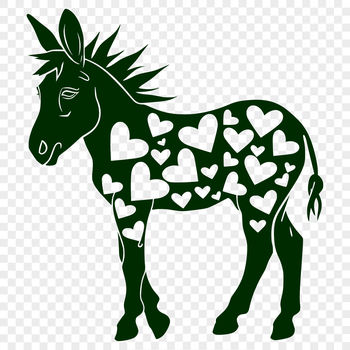 A full-body illustration of a donkey standing upright, surrounded by love hearts in various sizes.