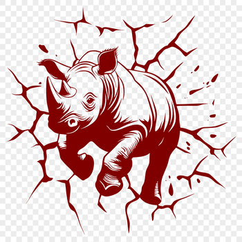 A black-and-white illustration of a rhino breaking through a wall, suitable for printing or digital design.