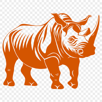 Close-up illustration of a rhino's face with distinctive horns and skin texture.