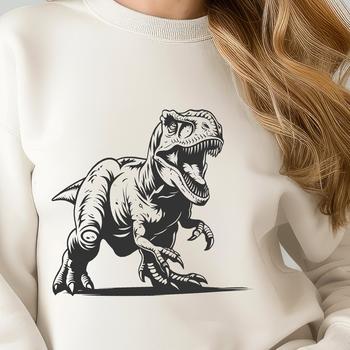 Colorful illustration of a full body T-Rex dinosaur in prehistoric style.