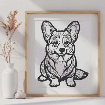 A detailed vector design of a sitting Welsh Corgi with ornate features.