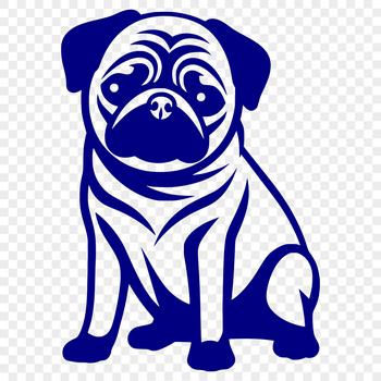 A digital illustration of a full-body pug sitting on its haunches.