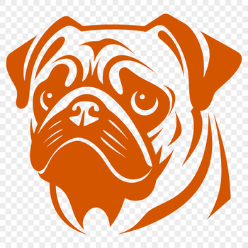 A close-up illustration of a pug's head with wrinkled skin and floppy ears.