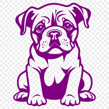 A digital illustration of a bulldog in full-body pose, sitting comfortably with its legs folded under its body.