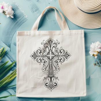 An SVG vector design of a crucified Christ figure on an intricate cross.