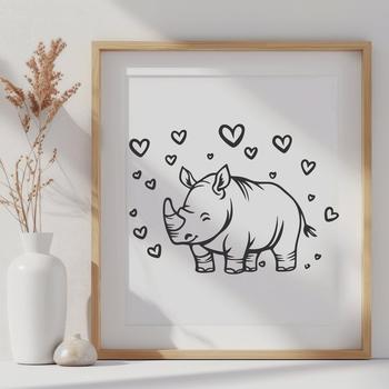 A stylized illustration of a rhino featuring love hearts around its body.