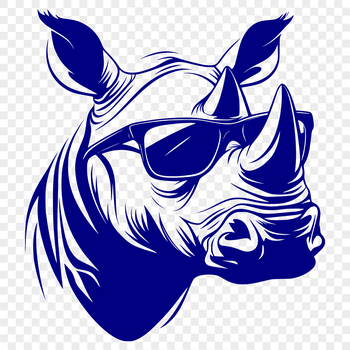 A rhino wearing sunglasses in a savannah setting.
