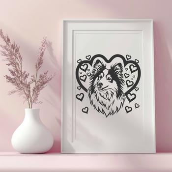 A portrait illustration of a Shetland sheepdog with heart symbols surrounding its head.