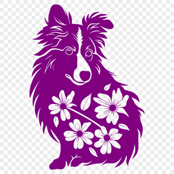 A full-body illustration of a sitting Shetland Sheepdog surrounded by stylized floral patterns.
