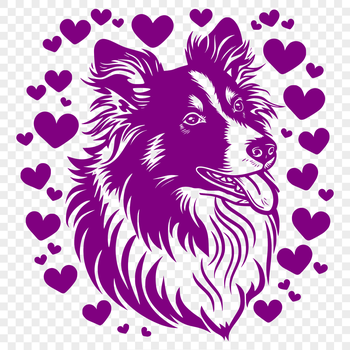 A vector illustration of a Shetland Sheepdog's head, created with love hearts and intricate details.