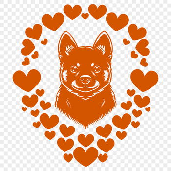 A stylized illustration of a Shiba Inu's head with love hearts surrounding it.