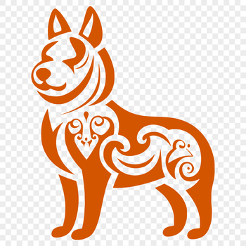 A full-body illustration of a standing Shiba Inu dog in ornate style.