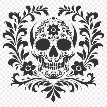 An illustration of a detailed skull with floral motifs surrounding it.