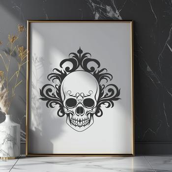 Ornate skull design with intricate details, suitable for tattoo art and decorative purposes.