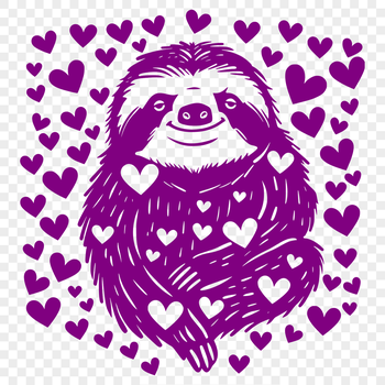 A full-body illustration of a sloth with love hearts integrated into the design.