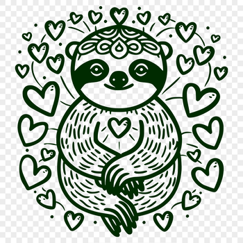 A cartoon sloth with full body, surrounded by love hearts in various sizes.