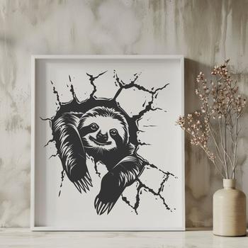 A sloth's head peeking out from behind a wall, depicted in detailed vector art.