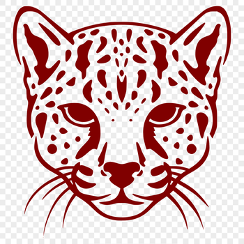 A close-up illustration of a wild ocelot's head with distinctive markings and features.