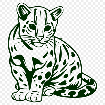 A sitting ocelot in full body pose with its fur details accurately rendered.