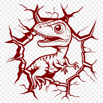 A prehistoric baby dinosaur smashing through a wall in full body form.