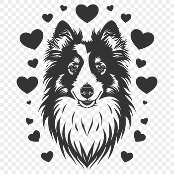 A vector illustration of a Shetland Sheepdog's head with two love hearts above its eyes.