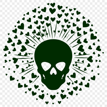 A simple line art skull illustration with red hearts incorporated into the design.