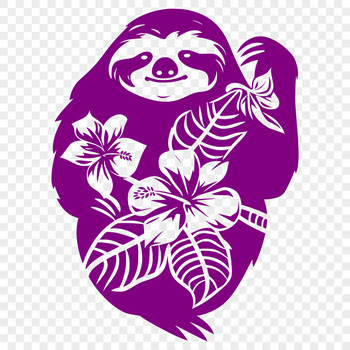 A sloth in full-body pose amidst floral elements.