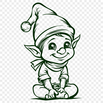 A small, full-body Christmas elf sitting in a traditional holiday setting.