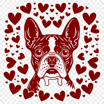 A small Boston Terrier dog with heart shapes surrounding its head.